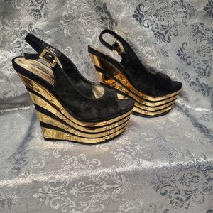 Black/Gold High Heels Wedge Shoes